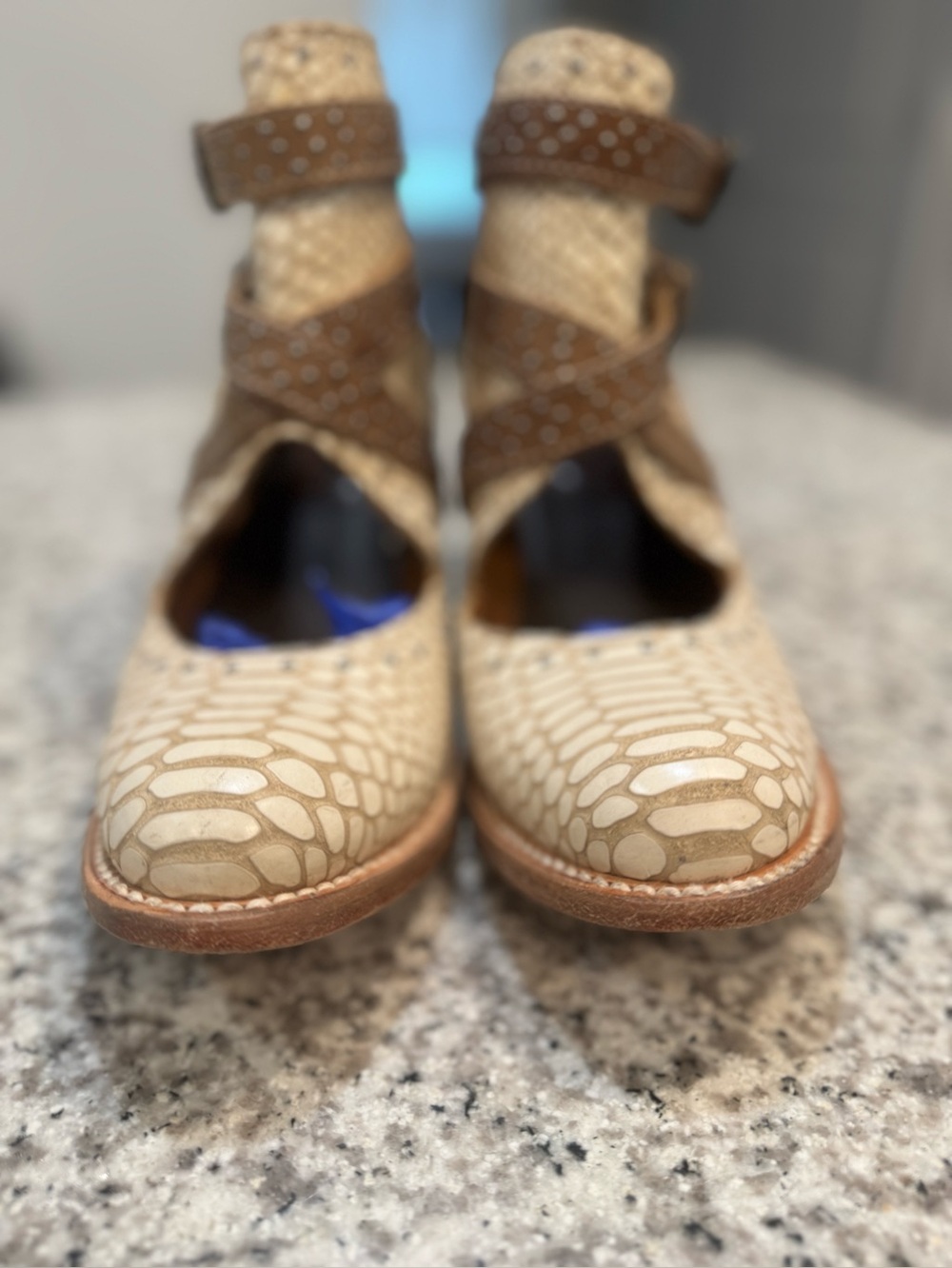 Freebird Saphire ankle booties in white snake crocodile with brown croco straps.